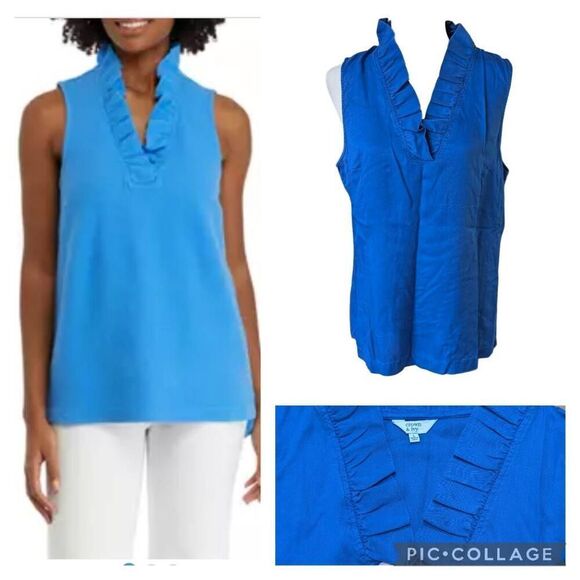 Crown & Ivy Distressed Royal Blue Ruffle Neck Sleeveless Casual Blouse Size L - Picture 1 of 10